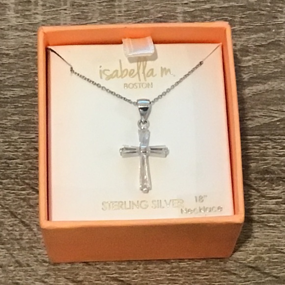 Isabella M. Sterling Silver & Clear Stones Cross Pendant Necklace 18" Long - Picture 2 of 5